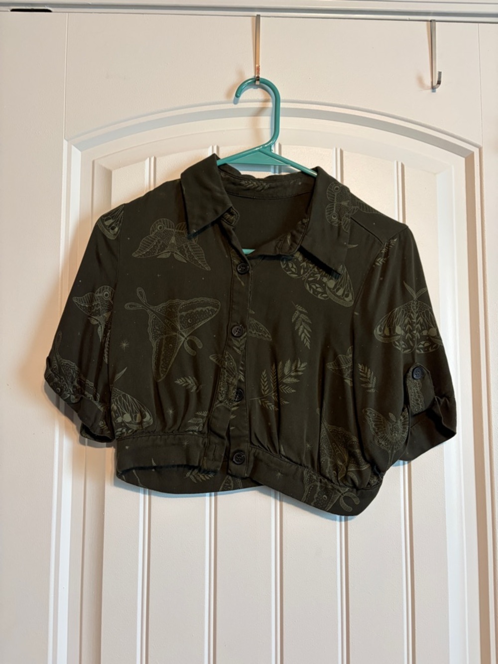 Olive Green Short Button-Up Crop Top with Moth Print